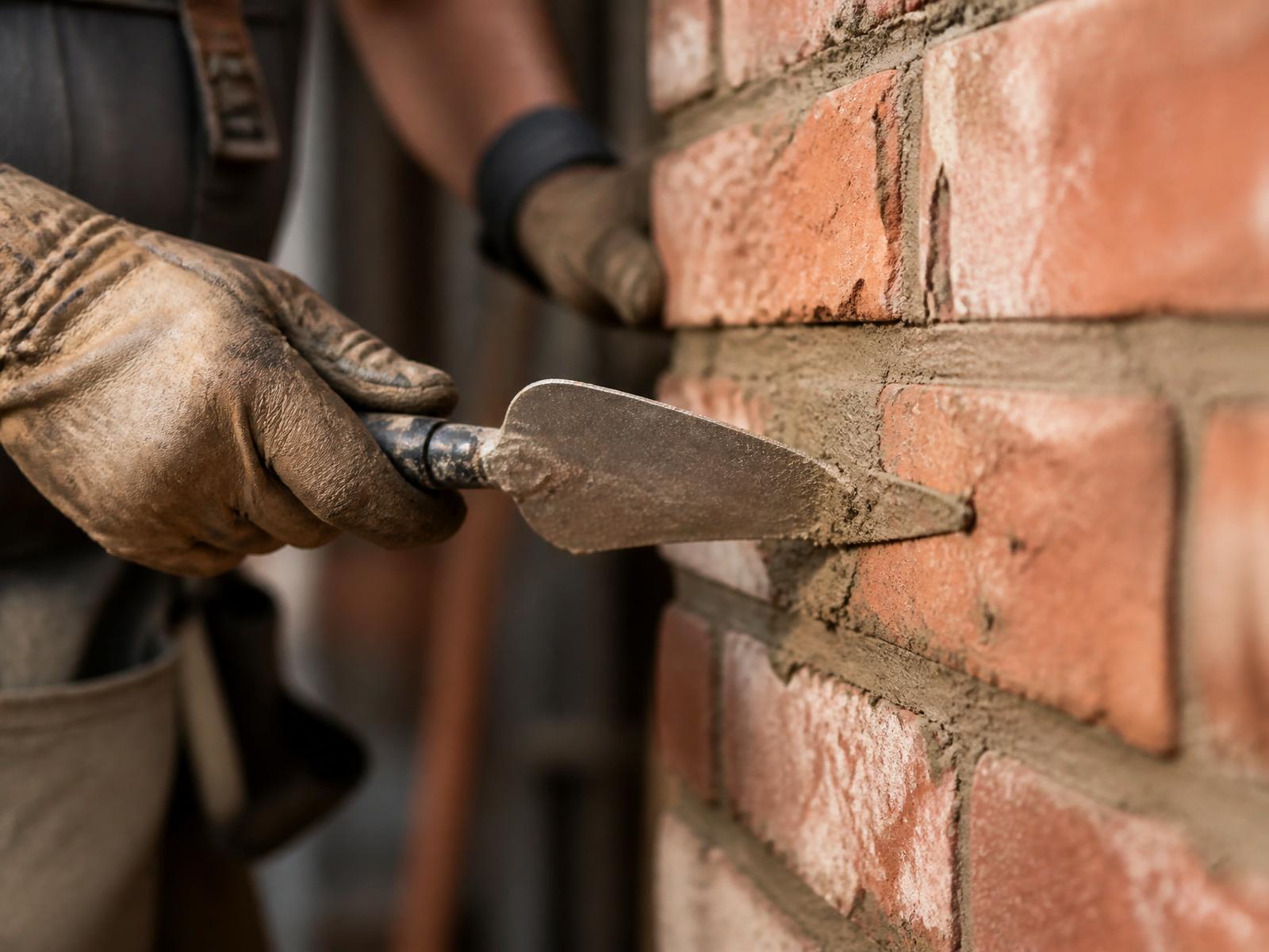 Mason applying fresh mortar with a pointing trowel